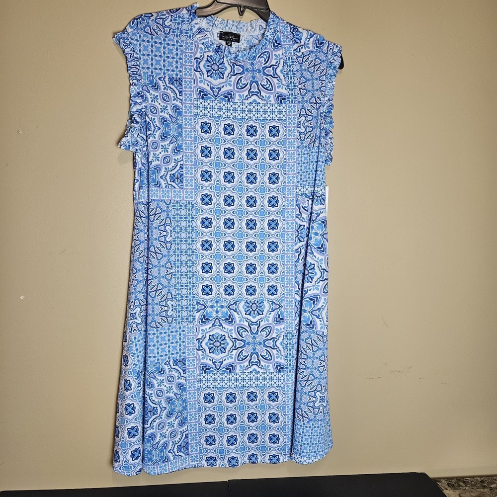 Nicole Miller New York 2X Blue Tile‎ Print Dress NWT Made USA